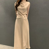 Pbong  Temperament Fashion Summer Elegant Pile Collar Sleeveless Tank Dress Women Solid Patchwork Bandage Slim A-line Length Dresses