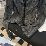 Destressed Two Piece Set Lace-up Cardigan with Cami Women's Y2K Grunge Crop Long Sleeve Criss Cross Knit Tops Acubi Outfit