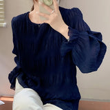 Pbong  Korean All Match Lady Loose Blouses for Women O-neck Flare Sleeve Solid Color Shirts Fashion Pleated Tops