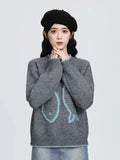 O Neck Vintage Print Sweaters Women Preppy Style Japan Lazy Wind Knitted Jumper Loose Long Sleeve Retro Sweet Cute Pullover