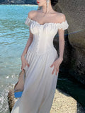 Fashion New Women Elegant White Dress Off Shoulder A-Line Party Prom Dresses Female Solid Chic Birthday Clothes