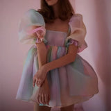 Pbong  Women's Short Puff Sleeve Off Shoulder Square Neck Fairy Mini Tie Dye Party Prom High Waist Tulle Princess Dress