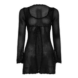 Vacation Knit Hollow T shirt Women's Long Sleeve Sunscreen Cover Up T shirt Sexy Hot Girl See Through Slim Summer T shirt
