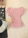 2000s Harajuku Vintage Sweet Top Y2k Japanese Style Kawaii Slim T Shirts Women Korean Fashion Polka Dot Short Sleeve Tees Summer