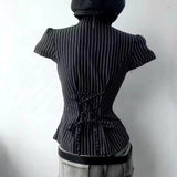 Women's Blouse Polo Neck Short Sleeve Striped Single Breasted Regular Length Tops For Women Female Clothing Woman Clothes