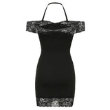 Black Halter Lace Patched Off Shoulder Dress