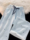 Pbong  Sweet Bow Striped Pants Women High Waist Korean Casual Wide Leg Trousers Elegant Fashion Loose Cute Female Spring Pants New