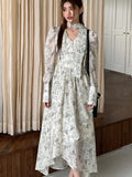 Autumn Print Floral Vintage Long Dress Women V Neck Long Sleeve Bandage Irregular Ruffled Dress Casual Evening Party Dresses New
