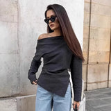 Pbong  New Autumn Women Solid Color Sexy Spicy Girl Slanted Neck Off Shoulder Pullover Regular T-Shirt Fashion Top for Women