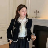 Vintage Jackets Women Korean Elegant Single Breasted Cropped Coat Tweed Long Sleeve Casual Short Harajuku Outwear
