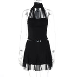 Summer New Skirt Suit Women's Halter Lace Up Vest Top Mesh Splice Pleated Mini Skirt Sexy Beach Vacation Lady Dress Set
