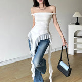 Pbong  Sexy One Shoulder Sexy Spicy Girl Ruffle Edge Strap Camisole Women Tank Top Slimming Thin Outerwear Strapless Tube Top Female