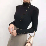 Ribbed Knit Top for Women Pullovers Button Decor Mock Neck Sweater Stretchy Long Sleeve Fitted Jumper Teen-girl Fall Winter