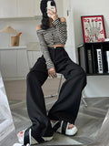 Fall Winter Elegant Gray Suits Pants for Women Office Lady High Waist Wide Leg Fashion Trousers with Pockets Black Pants