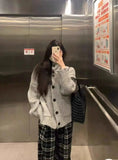 Slouchy Knit Cardigan for Women Rib-knit Pockets Front High Neck Button Up Sweater Jacket Coat Female Autumn Winter Basic Outfit