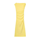 Wrinkle Slim Fit Slit Asymmetric Long Dress Fashion Slanted Shoulder Party Dress New Elegant Chic Yellow Tight Vestidos