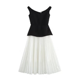 Elegant V-neck Women Long Dress White Black Patchwork A-line Fashion Party Dress New Sleeveless Summer Female Clothes
