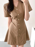 Pbong  Sweet Short Dress Women's Summer New Style High Waist Slim Fit V-neck Korean Version Commute A-line Skirt Bubble Sleeve