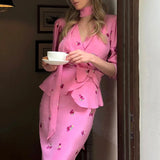 Pbong  Floral Print Midi Skirt And Top Set Women's Fashion Casual Style Long Sleeve Cardigan mid Summer Season Leisure Scenarios
