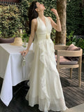 Women Beach Flower Ruffle Halter Dress Summer White Sleevelss Backless Long Princess Party Dresses Female Fashion Holiday Robe