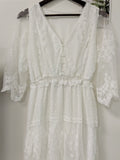 Hollow Out White Dress Sexy Women Lace Long Dress Cross Semi-Sheer Plunge V-Neck Short Sleeve Lace Maxi Dress