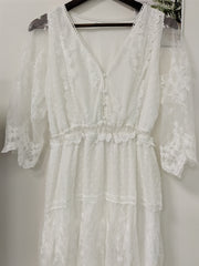 Hollow Out White Dress Sexy Women Lace Long Dress Cross Semi-Sheer Plunge V-Neck Short Sleeve Lace Maxi Dress