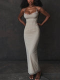 Pbong  Elegant Spaghetti Strap Backless Sexy Maxi Dress For Women Fashion Two Layer Mesh Sleeveless Bodycon Club Party Dress