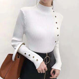 Ribbed Knit Top for Women Pullovers Button Decor Mock Neck Sweater Stretchy Long Sleeve Fitted Jumper Teen-girl Fall Winter