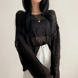 Long Sleeve Crochet Top Cable Knit Summer Beach Bikini Cover Up Crop Pullover Openwork Blouse Women Vacation Boho Outfit
