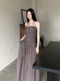 Ruched Backless Halter Maxi Dress For Woman Summer 2025 Tunic Ball Gown Strapless Long Dress Elegant Party Clothes