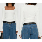 y2k Crop Tops Women Sexy Clothing Solid Color Square Neck Long Sleeve T Shirts 2000s Party Clothes Club Streetwear