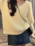 Pbong  Yellow Mink V-ne Sweater Women's Inner Gentle Sle Autumn Winter New Loose Lazy Thiened Top Commute Sle Regular Length