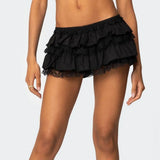 Pbong  Women's Summer Y2K Cute Layered Mini Skort Lace Trim Patchwork Ruffled Layered Tiered Elastic Low Waist A-Line Skirts