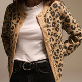 Pbong  Women Knitted Cardigan Autumn Long Sleeve Button Closure Casual Jacket Vintage Leopard Print Sweater Knitwear