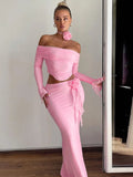 Elegant Halter 3D Flower Two Piece Sets Women Fashion Off-shoulder Tops And Maxi Skirt Matching Sets Bodycon Sexy Dress