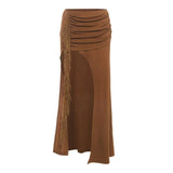 Pbong  Vintage Fashion Solid High Waist Long Skirts E-girl Grunge Tassels Pleat Irregular Skirt Women Streetwear Y2K Bottoms