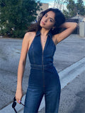 Y2k Denim Jumpsuit Women New V-Neck Sleeveless Slim Bodycon Jumpsuits Overalls Streetwear One Piece Outfits Jeans