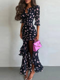Pbong   Elegant Printed Laminated Women's Dress Slim Short Sleeve V-neck Waist-Closed Female Dresses Summer Autumn Party Lady New