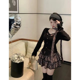 Autumn Winter American Streetwear Vintage Shirts Y2k Harajuku Japan Slim Waist A Line Patchwork Lace Tiered Skirts Girl Sets