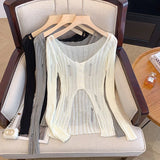 Hollow Out Knitted Cardigan Women Y2K Korean Sexy Streetwear Hole Long Sleeve Sweaters Summer Fashion Thin Irregular Female Tops