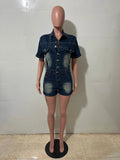 Sexy Denim One Pieces Bodycon Rompers Womens Streetwear Y2k Club Fashion Outfits Pockets Button Washed Jean Shorts Jumpsuit