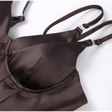 Women Solid Deep-V Satin Camisole Corset Top Elegant Double-Strap Fitted Cropped Back-Tie Chic Versatile Date Lady Tops