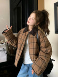 Warm Vintage Plaid Parkas Women Loose Long Sleeve Winter Thick Cotton Coat Korean Casual Pockets Cute Sweet Jacket Tops New