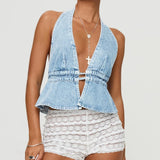 Pbong  Women's Y2K Summer Halter Neck Crop Tops Bow Tie-up Sleeveless Deep V-Neck Backless Solid Color Denim Flare Vest