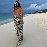 Pbong  Sexy Backless Long Dress with Kerchief for Women Halter Sleeveless High Waist Split Striped Design Dresses Female