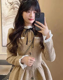 Elegant Women Dresses Ruffled Collar Puff Sleeve Single Breasted Vestidos Femme Temperament Korean A-line Sweet Pleated Dress