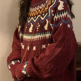 Pbong  Red Christmas Pattern Knitted Sweater Loose round Neck Pullover for Women Couples Matching American Retro College Style