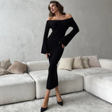 Simple Ribbed Knit Long Skirt Solid Color Slash Neck Chic Spring Autumn Women Dress Core Spun Yarn Fashion Slim Dresses 2025 New