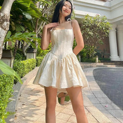 Jacquard White Summer Mini Dresses Women French Style Vintage Sexy A Line Corset Dress N33-