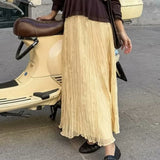 Pbong  Women Crinkle A-line Midi Butter Yellow Skirt Elastic Waist Spring Summer Holiday Elegant Skirts New faldas mujer